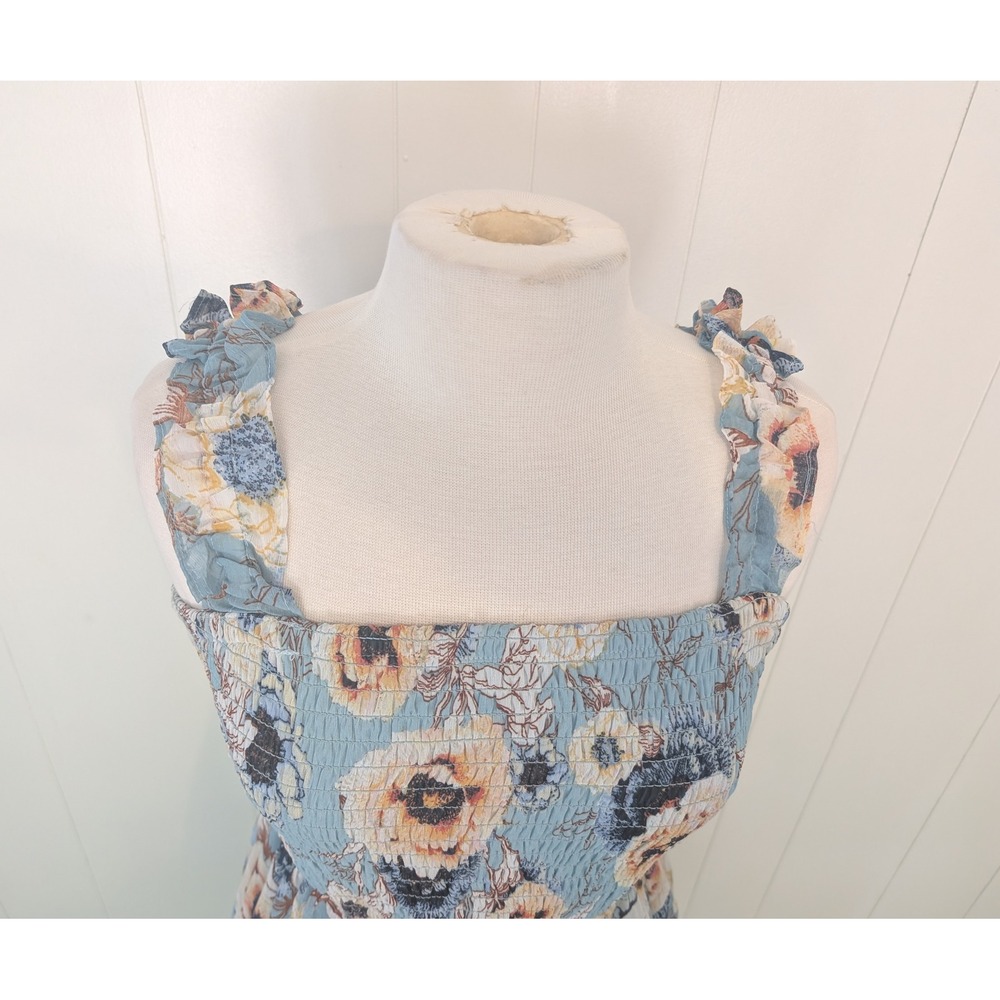 Maurices Blue Boho Floral Smocked Midi Dress Ruffle Straps High Low Hem S Fairy - Picture 5 of 11